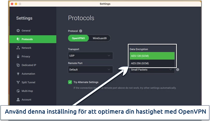 Skärmbild av PIAs inställningar för att anpassa kryptering och protokoll
