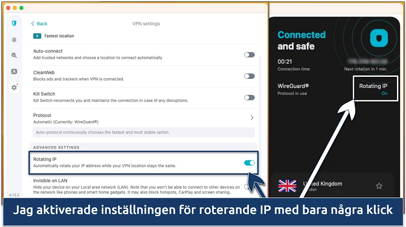 Skärmbild av funktionen för roterande IP i Surfshark-appen