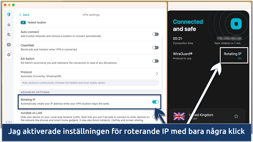 Skärmbild av funktionen för roterande IP i Surfshark-appen