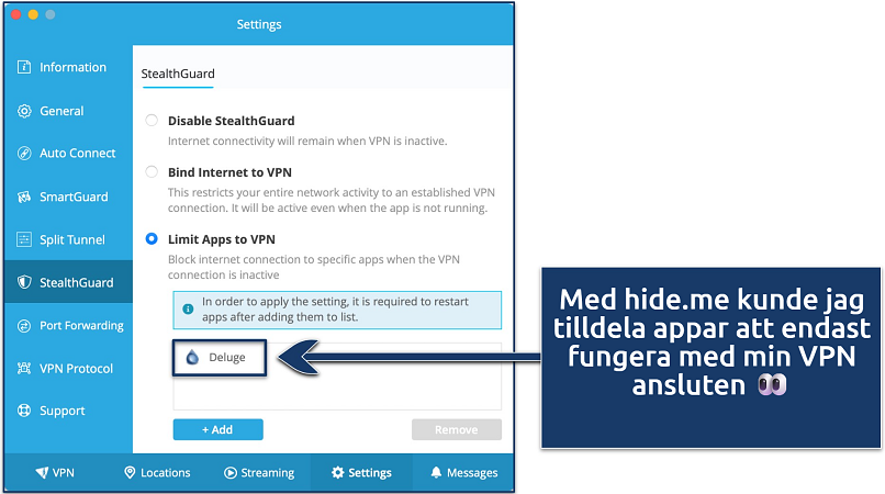 Skärmdump som visar hur man begränsar appar till VPN i hide.me-appen