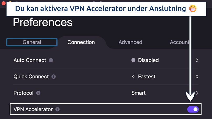 Skärmbild som visar hur du aktiverar VPN Accelerator i Proton VPN:s inställningspanel