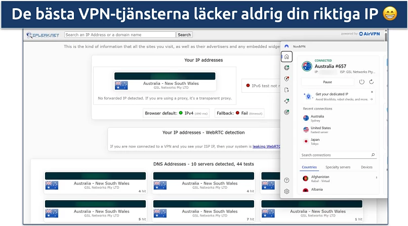 Screenshot of NordVPN's Windows app connected to the Australia Sydney server while leak tests are performed on ipleak.net