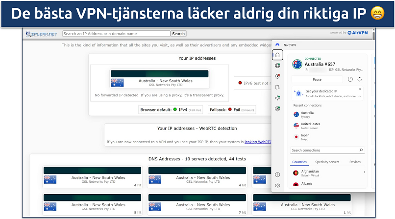 Screenshot of NordVPN's Windows app connected to the Australia Sydney server while leak tests are performed on ipleak.net