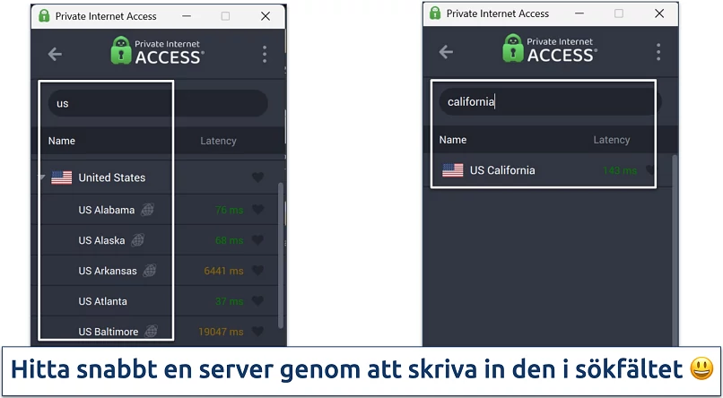 Screenshot of Private Internet Access' Windows app highlighting how to use the server search bar